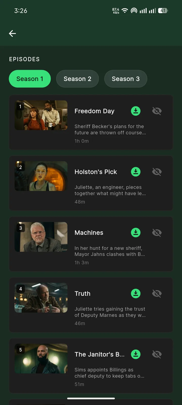 Episodes, with download and watched marking