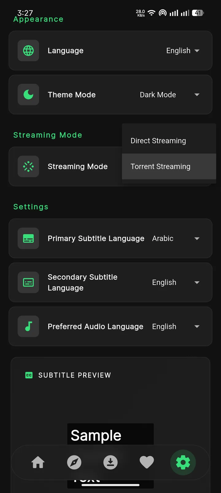 Appearance, streaming mode and languages